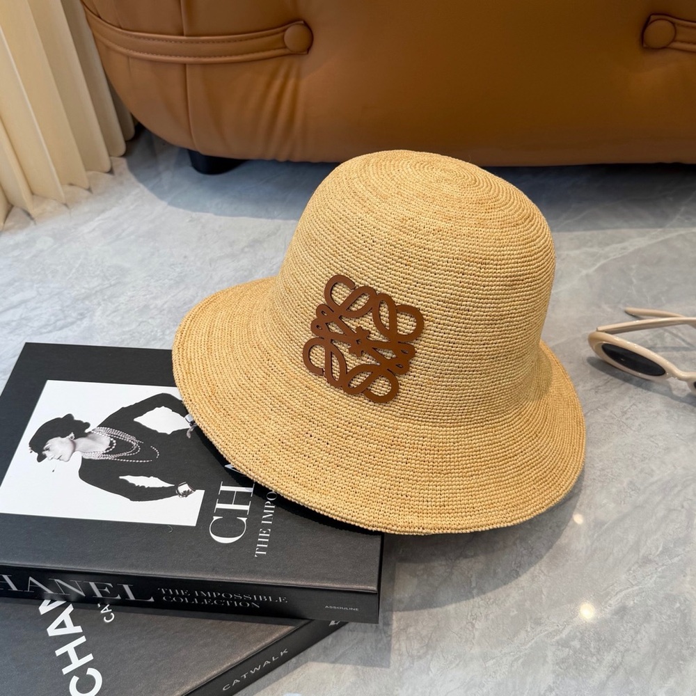 Loewe Straw Bucket Hat with Brown Logo Accent